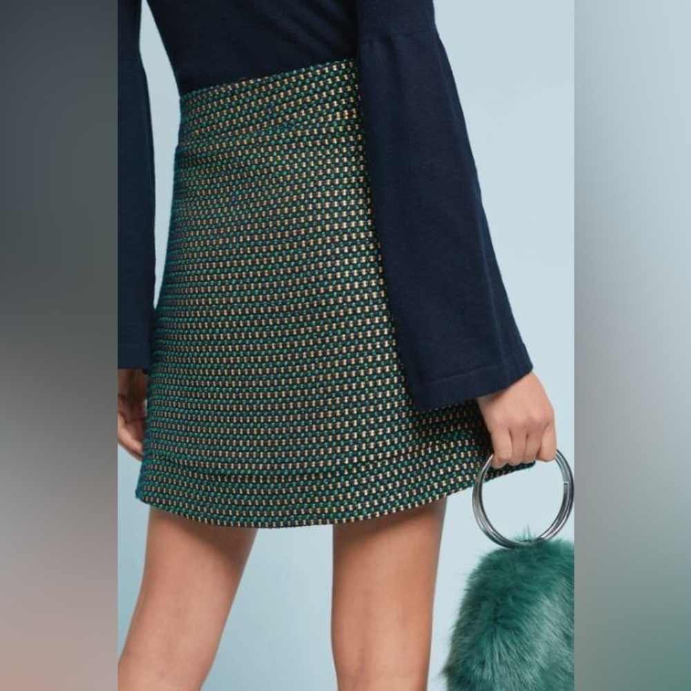 NWT 12 Eva Franco Fern Dot Tweed Faux-Wrap Skirt Green Navy Gold Easy Throw On - Picture 3 of 7